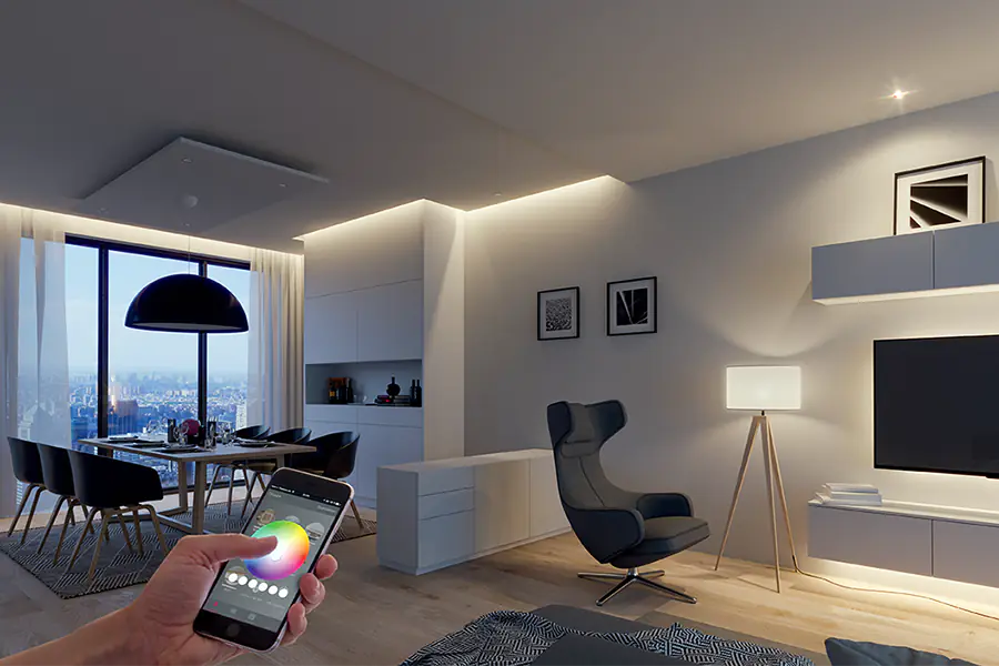 Smart home lighting solutions controlled by smartphone in living room