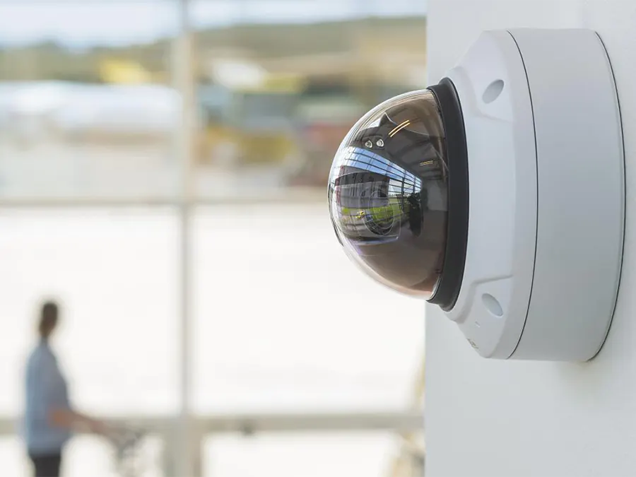 Axis camera installed on a wall inside an airport